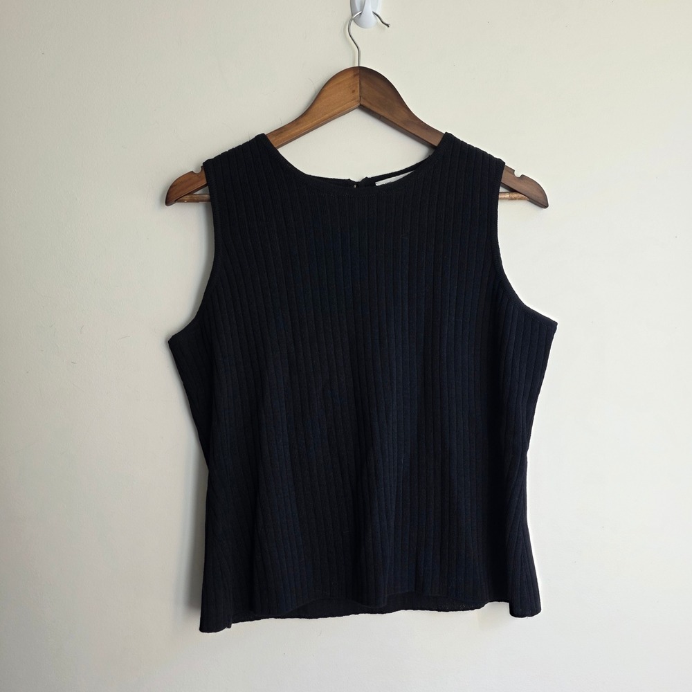 St John Collection Marie Gray Black Ribbed Knit Tank Top Vintage USA Made Petite